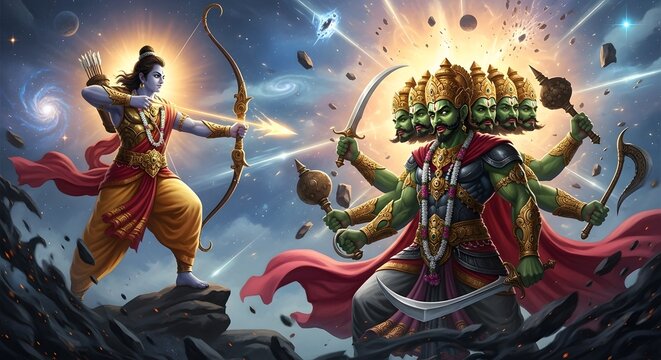 Lord Rama Aiming Bow at Ten Headed Demon King Ravana in Mythology