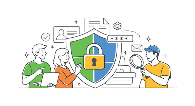 Users protecting digital identities and preventing unauthorized access through secure practices in online environments, visualized with a metaphor of a shield and lock