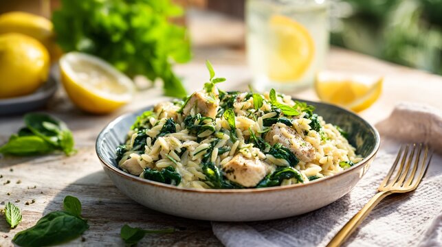 Creamy lemon chicken orzo with spinach and fresh herbs plated in a shallow ceramic bowl under bright airy lighting