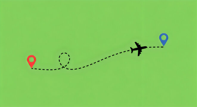 Airplane silhouette follows a dotted flight path trajectory between two colored location pins on a solid green background.