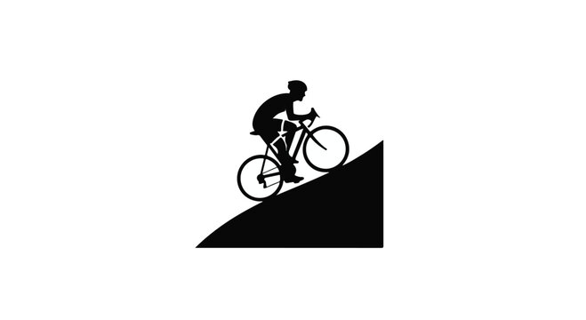 Cyclist silhouette pedals a road bike up a steep incline representing an uphill challenge or endurance sports concept.