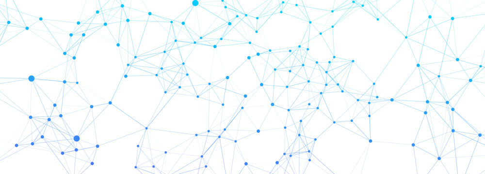 Abstract blue network of interconnected dots and lines on a white background, representing technology, global communication, data flow, and modern science concepts.