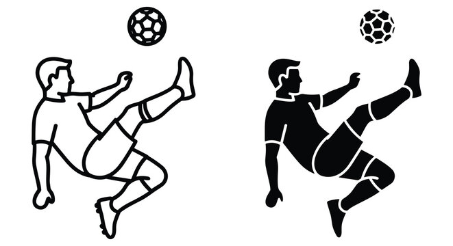 Stylized graphic silhouette of a soccer player kicking a ball, isolated on a plain white background, perfect for sports branding.