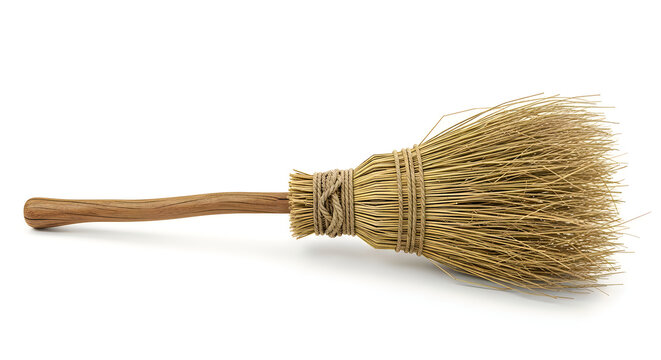 Broom made of natural straw bristles sits horizontally against a plain white studio background.