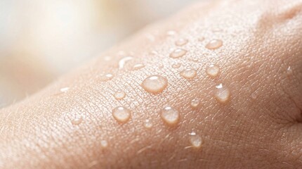 Fototapeta premium Extreme macro shot of water droplets on human skin. Concept of hydration, skincare, moisture, and dermatology.
