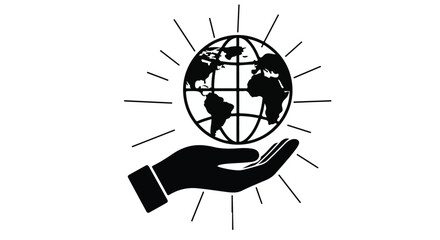 Fototapeta premium Hand holding a globe with radiating light rays symbolizes global environmental protection and human care for the planet.