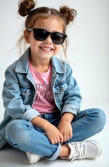 Fototapeta premium Young girl wears sunglasses and denim jacket, sitting cross-legged. She smiles brightly in a studio setting. Her hair is styled in cute buns.