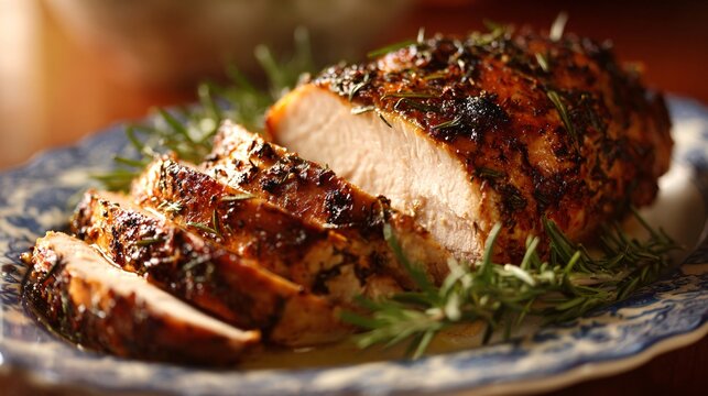 Herb roasted turkey breast sliced neatly on porcelain in soft afternoon light