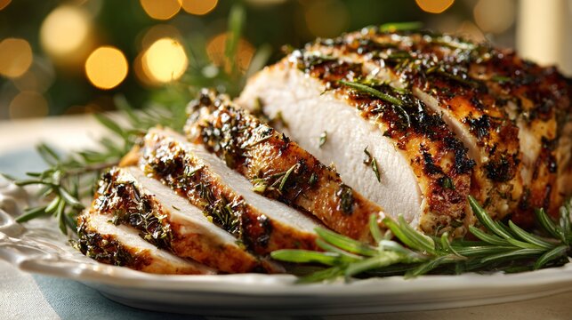 Herb roasted turkey breast sliced neatly on porcelain in soft afternoon light