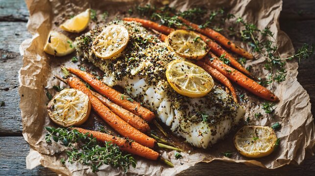 Herb-crusted baked cod with lemon slices and roasted baby carrots arranged neatly on parchment paper in airy afternoon light