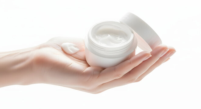 Female hand holding an open jar of white luxury face cream with a dab of moisturizer on her smooth palm