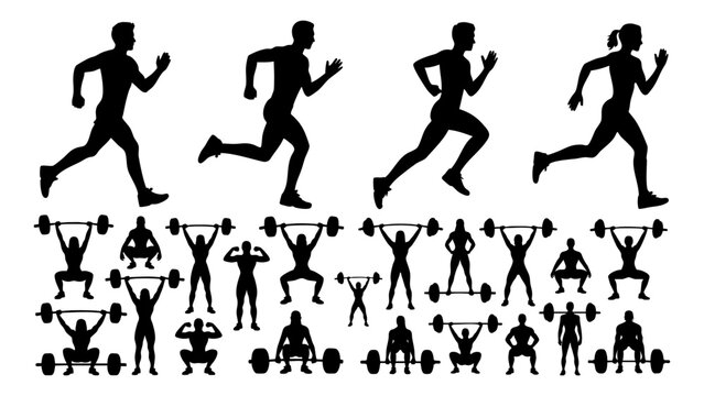 Fitness silhouette set running and weightlifting collection, Gym workout silhouettes running athletes and lifting icons, Active lifestyle silhouettes fitness training and exercise set, Athletic silhou