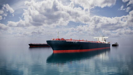 Naklejka premium Large oil tanker ship sailing in the ocean at sunset, 3D render illustration.