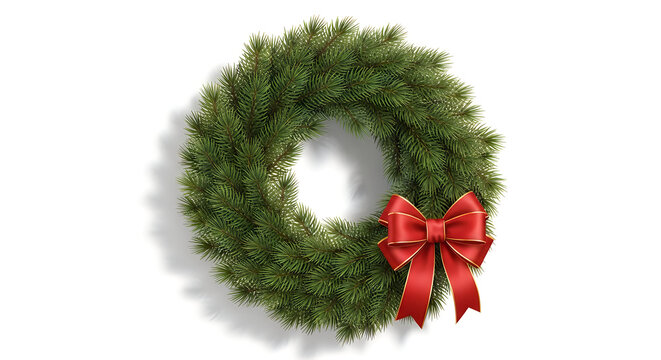 Christmas wreath made of pine branches features a decorative red bow attached to the lower right.