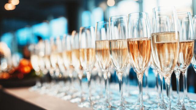 Champagne glasses standing in a row, featuring sparkling wine, prepared for guests at a reception or party