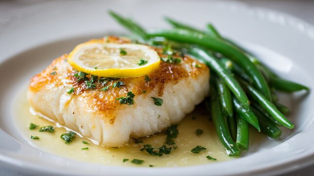 Pan-fried cod with lemon butter sauce and steamed green beans plated elegantly on white porcelain under bright studio-style natural light