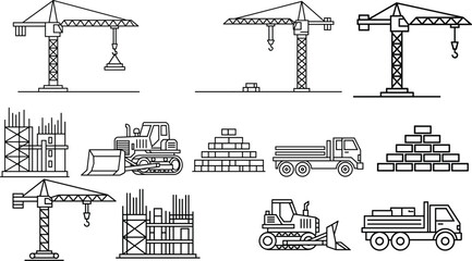Construction Site Equipment Icon Set Featuring Cranes, Bulldozers, Trucks, and Building Materials for Infrastructure and Engineering Design Projects © Shilpi
