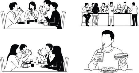 Fototapeta premium Social Dining Icon Set with People Sharing Meals and Drinks in Restaurants, Cafes, and Casual Dining Settings