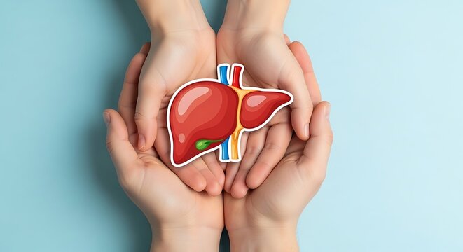 Hands holding a stylized illustration of a human liver on blue background