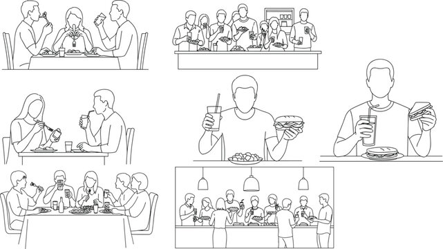 Restaurant Dining Icon Set Featuring People Enjoying Meals and Drinks for Food, Dining, and Social Lifestyle Design Projects