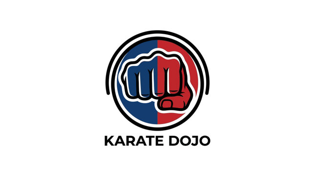 Bold athletic karate dojo emblem showcasing two opposing fists within a patriotic red, white, and blue circle, representing combat sports, strength, and dedicated training