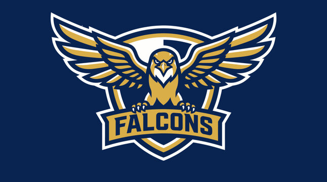 Powerful falcon logo design featuring a bird of prey with dynamic spread wings. Sleek blue and gold graphic emblem, ideal for sports teams and athletic branding