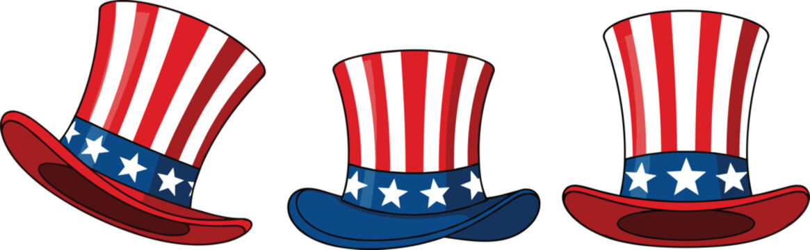 Set of Patriotic Uncle Sam Hat Vector Illustrations Featuring Red, White, and Blue Stripes with Stars for Independence Day and Celebration Designs