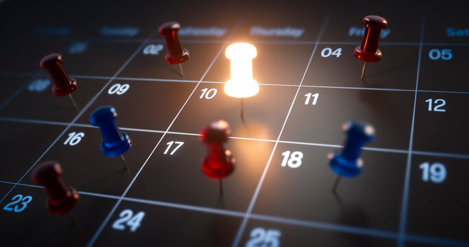 Luminous thumbtack pin in calendar concept for busy, appointment and meeting reminder - 3D illustration	