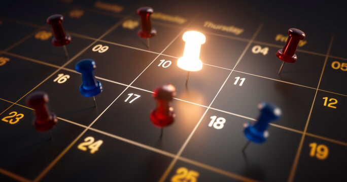 Luminous thumbtack pin in calendar concept for busy, appointment and meeting reminder - 3D illustration	