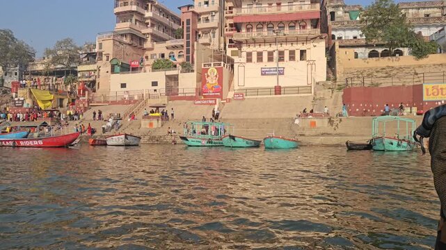 Varanasi Ghats Riverside View from Boat, Ganges River Life India