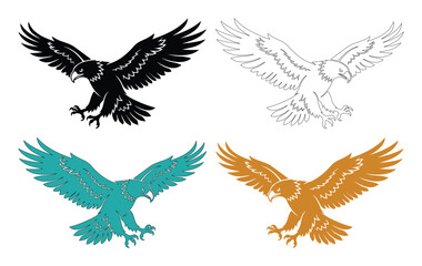 Fototapeta premium Majestic eagle vector collection, a powerful set of four stylized bird illustrations in black, white, teal, and gold, perfect for branding and emblem designs.