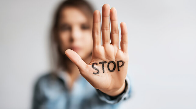 Woman holding up her hand with STOP written on palm, signifying refusal, warning, and prevention