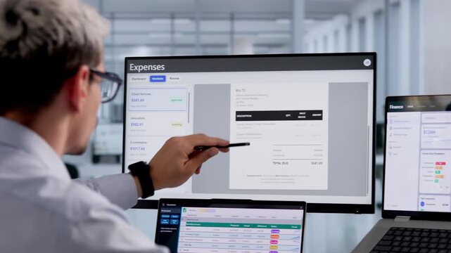 Finance Manager Carefully Tracks Expenses On Laptop