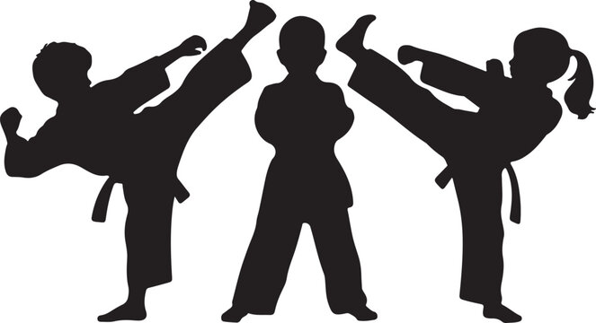 Children Karate Silhouette Set in Dynamic Fighting Poses, vector and illustration Silhouettes