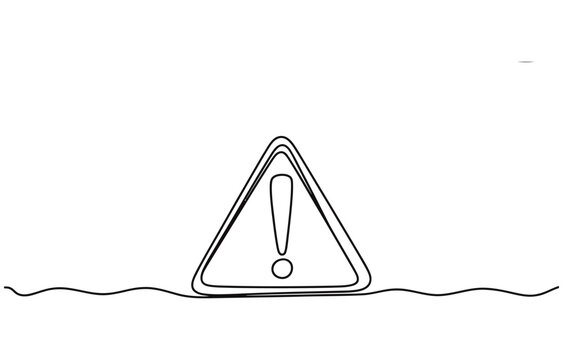 Continuous one line drawing of a warning triangle sign with an exclamation mark.