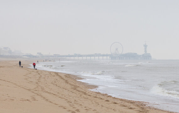 Misty winter morning on the beach of Wassenaar, Netherlands, looking towards The Hague and the Scheveningen pier