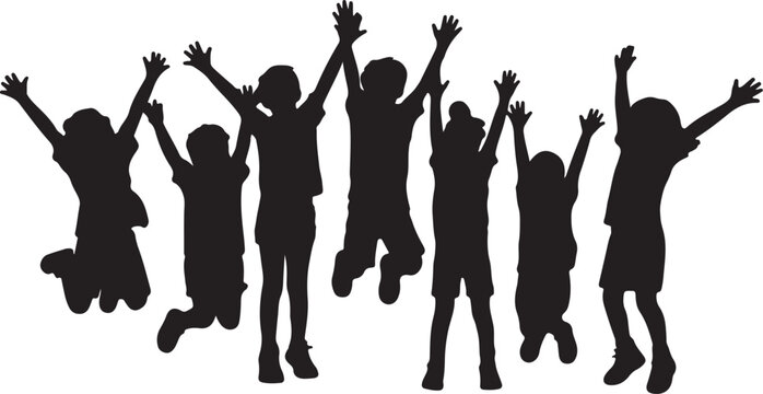 Children Cheering Silhouettes Set with Happy Kids Jumping and Standing, vector and illustration