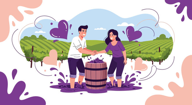 Couple Grape Stomping Vineyard Love Hearts Illustration