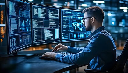 Fototapeta premium IT Professional Scanning Firewall Logs on Dual Displays