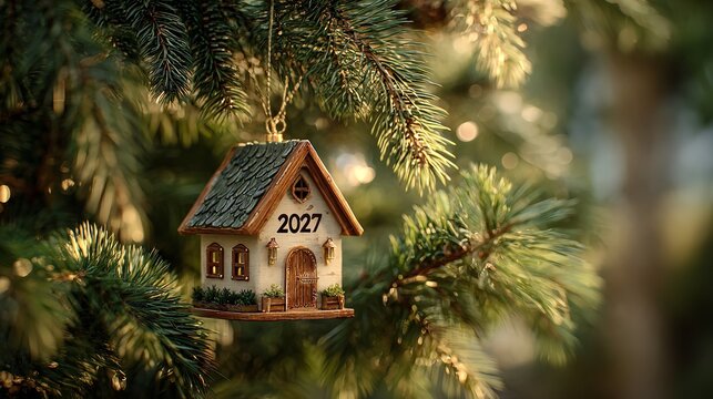 Decorative miniature house ornament with the year 2027 hanging on a Christmas tree.