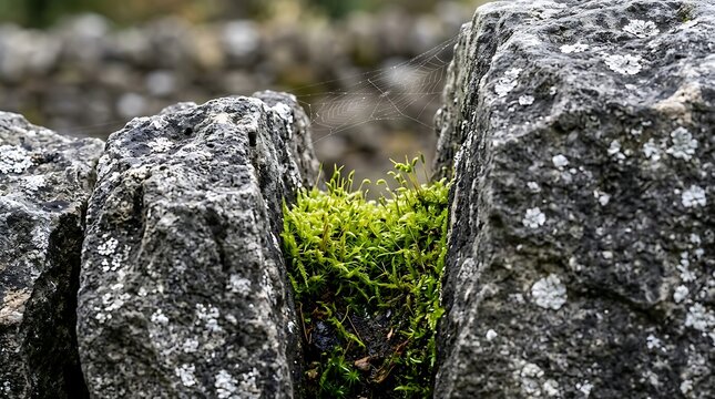 Close-up of a woolly bear caterpillar on a rough gray rock with green moss larva insect fuzzy