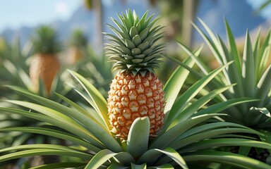 Fototapeta premium A fresh ripe yellow pineapple with green leaves grows naturally in a tropical garden, offering a sweet and juicy exotic fruit for a healthy raw food diet