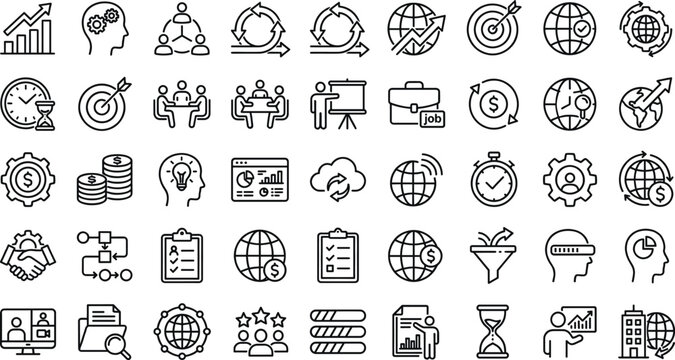 Business strategy and finance outline icon set featuring analytics growth global marketing teamwork planning and corporate management symbols collection