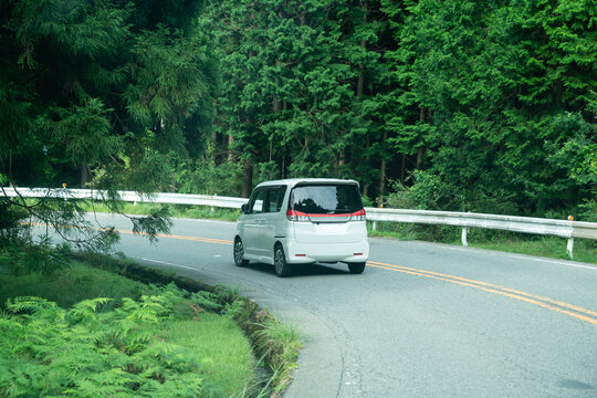 車　ドライブ　新緑　山道　カーブ