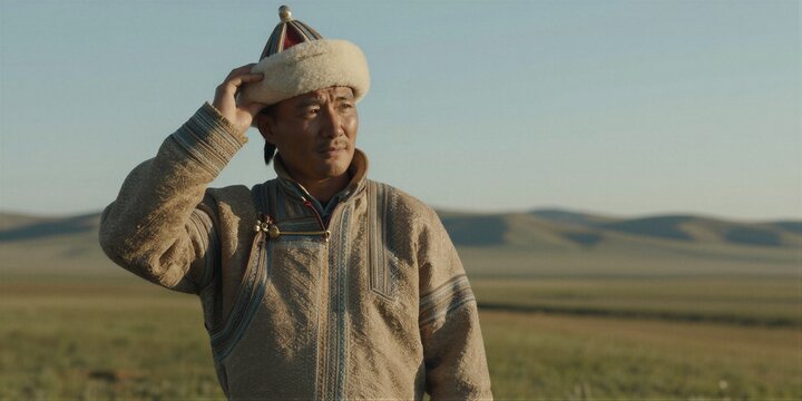 An adult male in traditional fur-lined attire stands with his right hand raised to his forehead, exuding serenity and contemplation amidst a vast desert landscape under warm