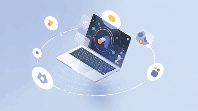 Isometric laptop computer with floating ui interface, data charts, and abstract