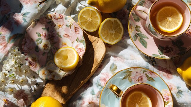 A light oak wood flat lay featuring pastel tea cups, lemon slices, and floral napkins captured in fresh spring sunlight