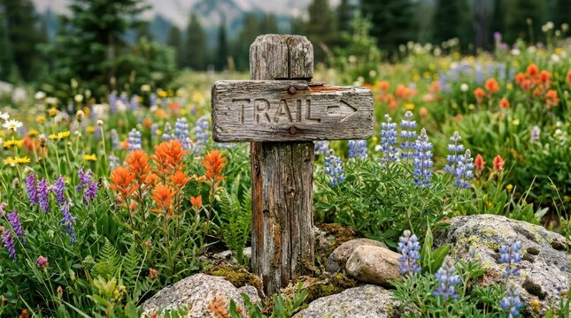 Wooden trail sign standing in alpine wildflower meadow