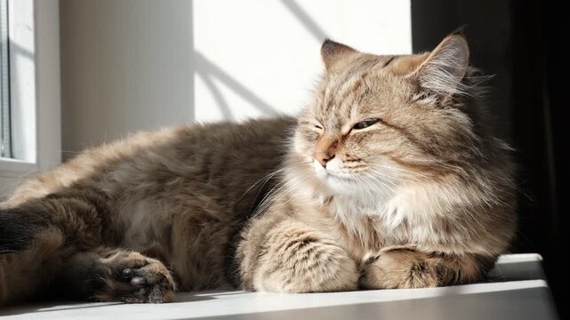 Tabby cat basked in the afternoon sunlight, Mixed breed, siberian cat, norwegian forest cat. Blurred movie-like scene, soft morning sunlight, atmospheric mood	