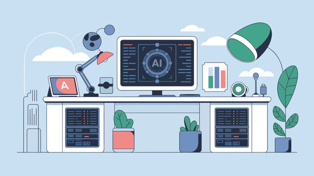 Computer workstation with an AI interface on the screen, server towers under the desk, and potted house plants